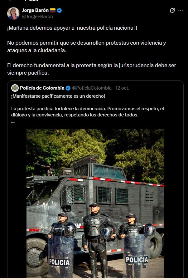 Barón Jr. solicitó respaldo para la Policía Nacional en una publicación previa a la jornada de marchas - crédito @JorgeEBaron / X