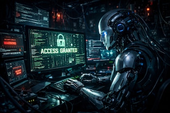 Un robot plateado con ojos azules brillantes y cables en la cabeza teclea en un teclado, frente a pantallas con código verde y texto "ACCESS GRANTED" en una habitación oscura.