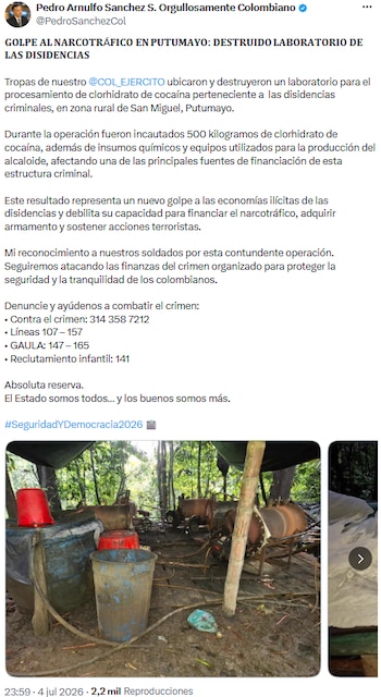 Ejército desmanteló centro de producción de droga en zona rural de Putumayo - crédito @PedroSanchezCol/X