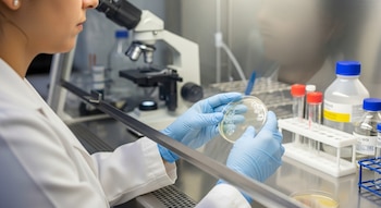 Un/a técnico/a con bata blanca y guantes azules manipula una placa Petri con colonias. Un microscopio y material de laboratorio se ven al fondo.
