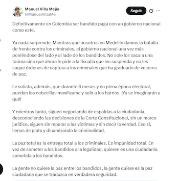 El secretario de Seguridad Manuel Villa Mejía rechazó la suspensión de órdenes de captura de 23 criminales de Antioquia - crédito @ManuelVillaMe/X