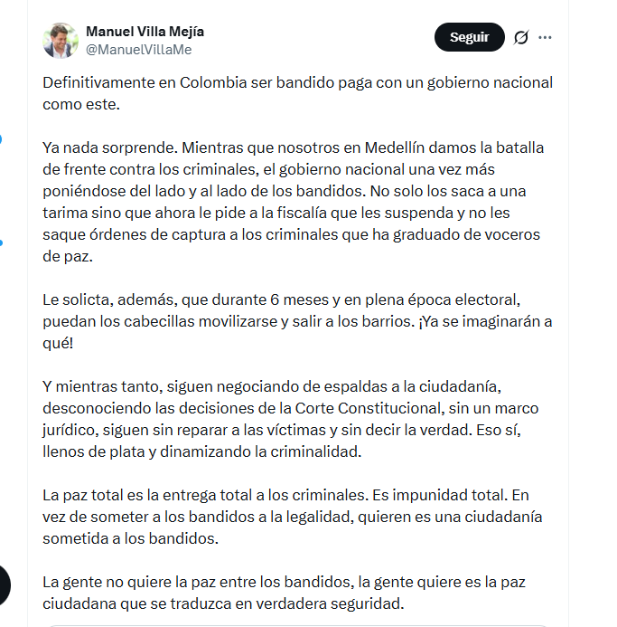 El secretario de Seguridad Manuel Villa Mejía rechazó la suspensión de órdenes de captura de 23 criminales de Antioquia - crédito @ManuelVillaMe/X
