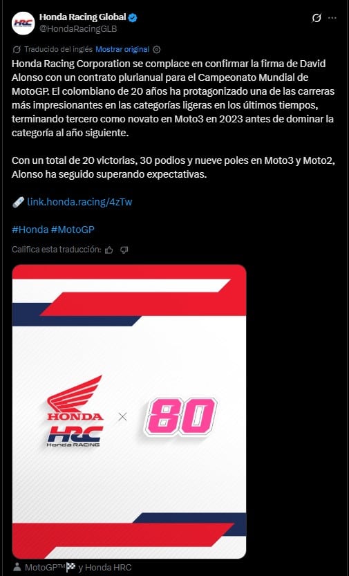 Honda Racing Corporation anunció el fichaje de David Alonso con un contrato multianual y destacó su trayectoria como
