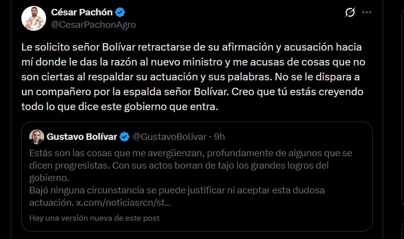 Frente a los cuestionamientos de Gustavo Bolívar, el director de la ADR, César Pachón, le solicitó una retractación - crédito @CesarPachonAgro/X