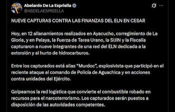 El presidente Abelardo de la Espriella destacó que el procedimiento afectó la cadena de financiación del Frente Camilo Torres Restrepo - crédito @ABDELAESPRIELLA / X