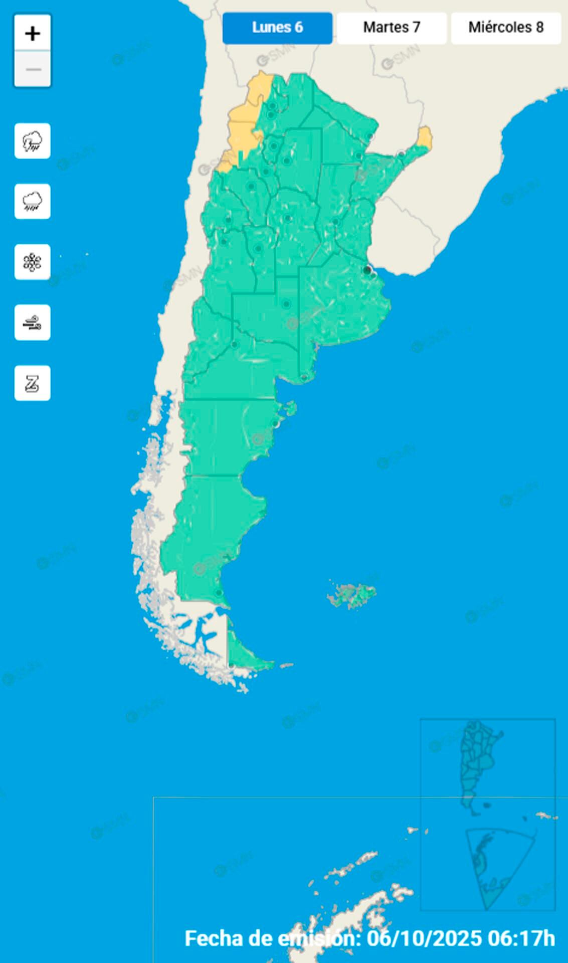 El SMN indicó alertas amarillas por tormentas al noreste y por vientos al noroeste.