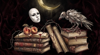 Libros apilados, espinas, dos duraznos con sangre, una máscara agrietada en el aire, un ave cadavérica y una luna creciente sobre fondo oscuro.