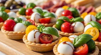 Primer plano de mini tartas con mozzarella, tomates cherry rojos y amarillos, hojas de albahaca y una salsa oscura, dispuestas en una tabla de madera.