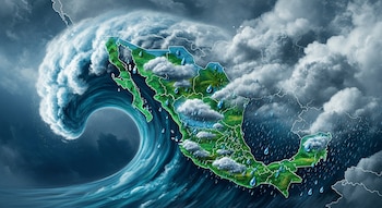 Mapa de México con divisiones internas, cubierto de nubes y gotas de lluvia, con una gran ola azul verdosa que se acerca desde la parte inferior.