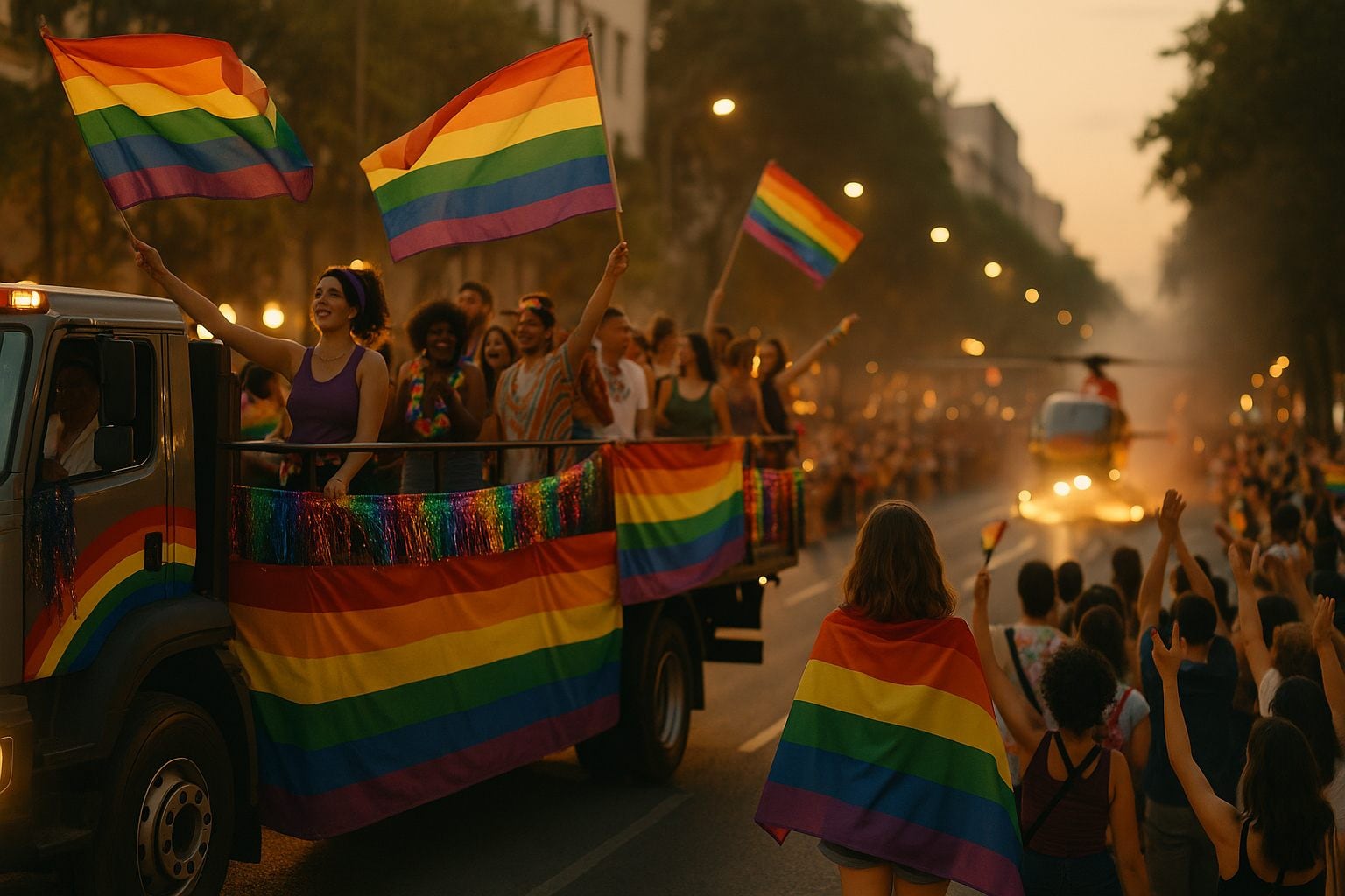 En algunas ciudades, el uso de camiones decorados dentro de la marcha ha dado lugar a una práctica común: la contratación de unidades tipo “party truck” (Ilustración: Movant Connection)