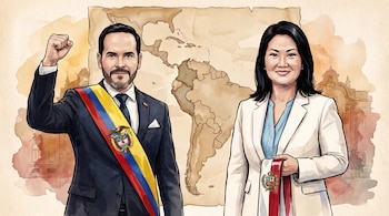 Ilustración de un hombre y una mujer de pie con bandas presidenciales de Colombia y Perú. Detrás, un mapa de América Latina y dos edificios.