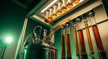 Biorreactor de acero inoxidable, tubos transparentes con líquido ámbar, frascos con bancos de bacterias y una lámpara de luz verde en un laboratorio.