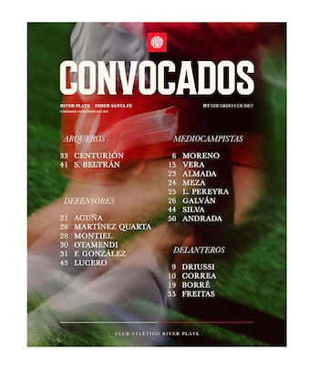 Un afiche gráfico con el escudo del Club Atlético River Plate que detalla la lista de futbolistas convocados divididos por posición de juego