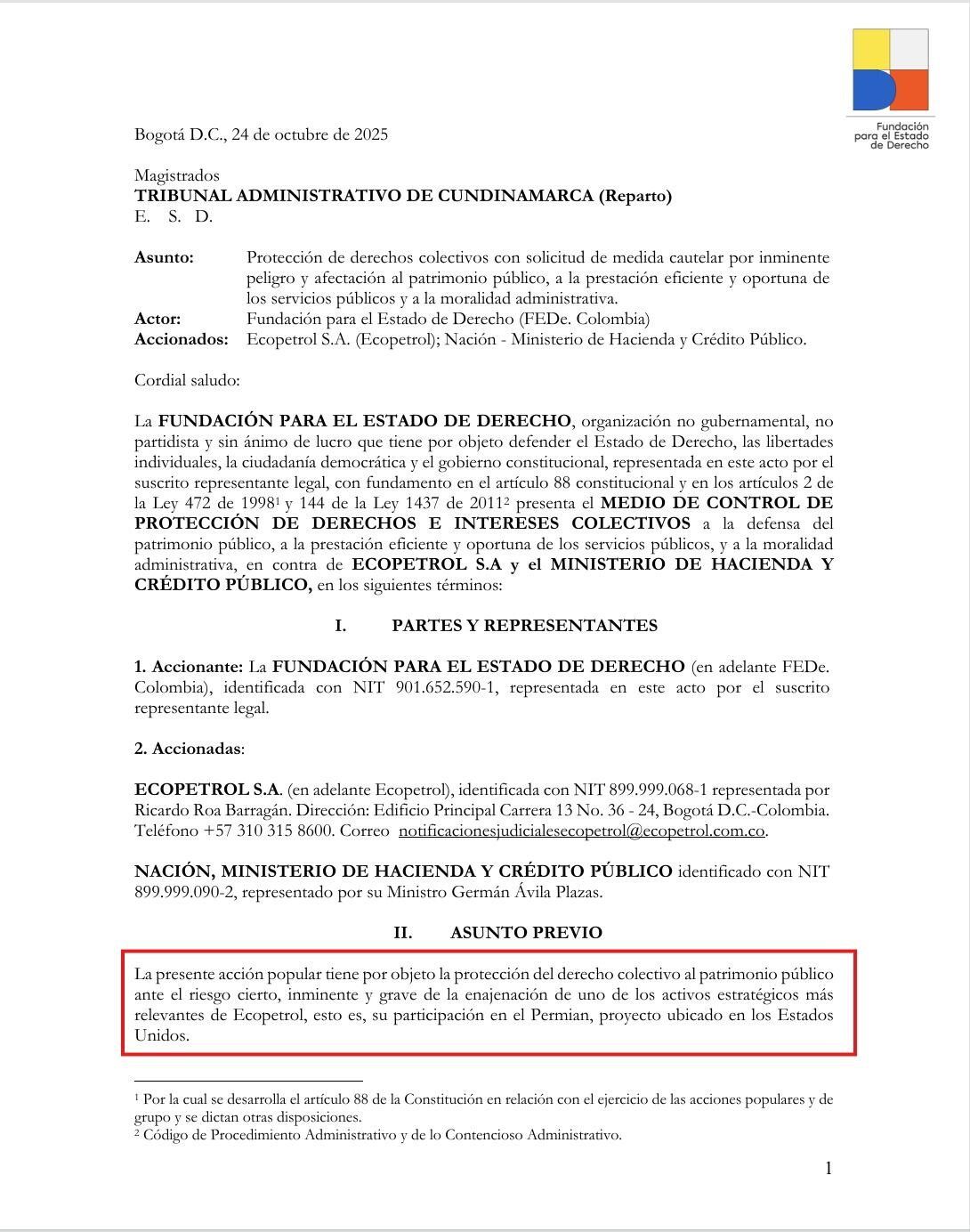 La Fundación para el Estado de Derecho interpuso una acción popular ante el Tribunal Administrativo de Cundinamarca - crédito Fundación para el Estado de Derecho