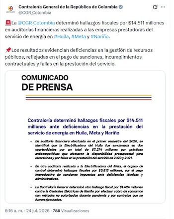 La Contraloría compartió los hallazgos de las auditorías vía X - crédito @CGR_Colombia/X