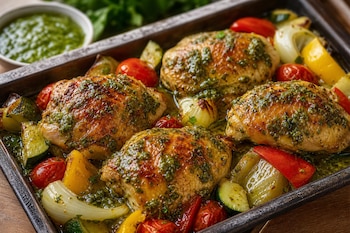 Piezas de pollo al horno con salsa verde, calabacín, cebolla, pimientos y tomates en una bandeja metálica.