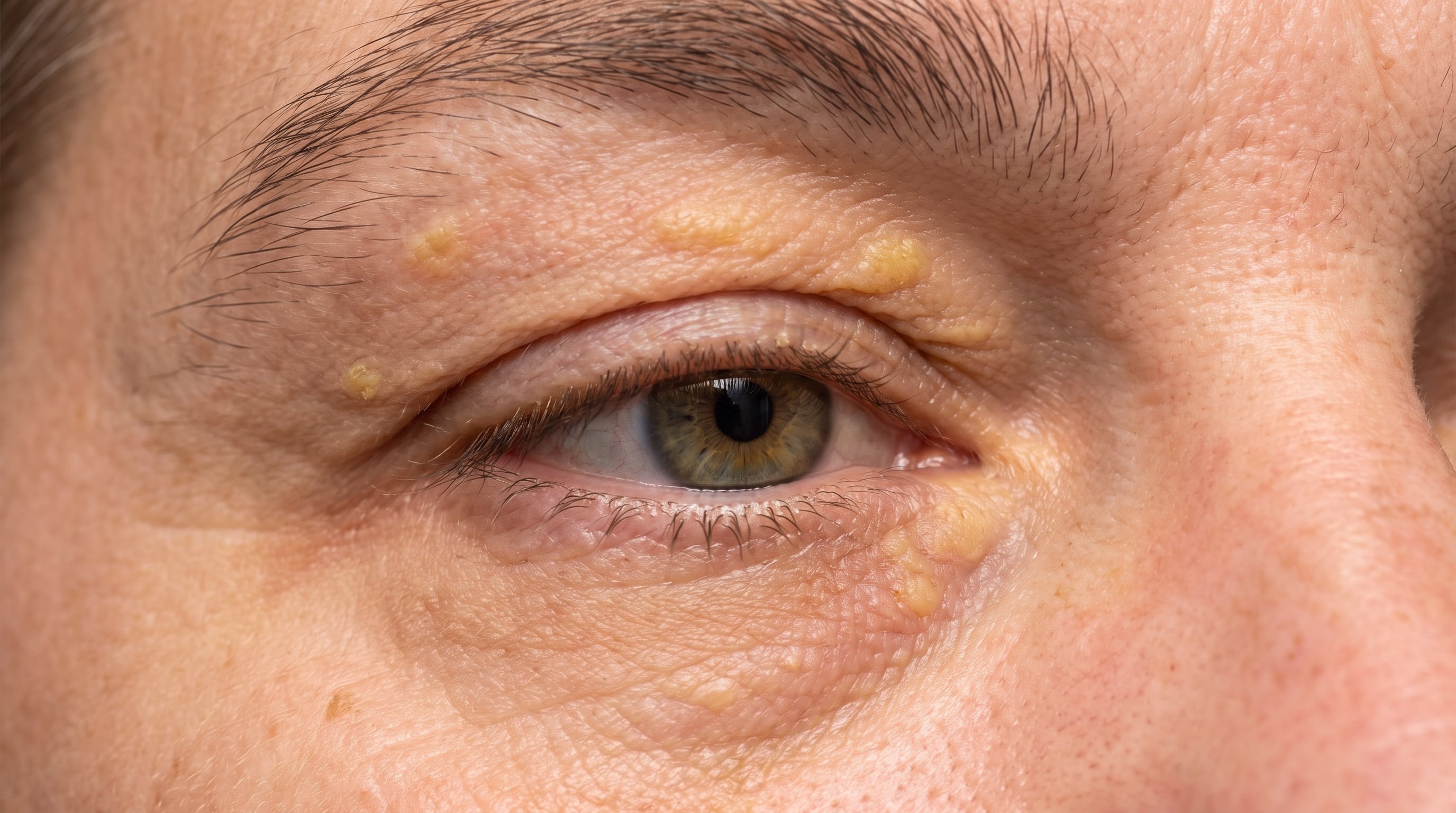 Depósitos amarillentos de grasa característicos del xantelasma aparecen sobre la piel de los párpados de un ojo. (Imagen Ilustrativa Infobae)