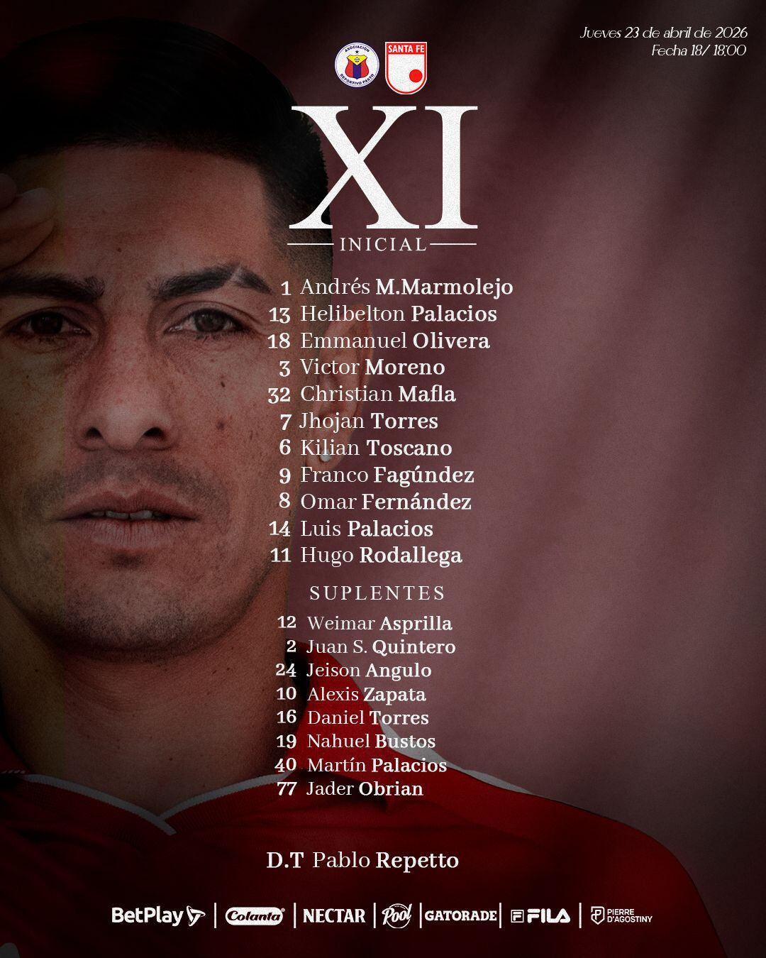 Este es el once inicial de Independiente Santa Fe para enfrentar a Deportivo Pasto - crédito/@santafe_oficial