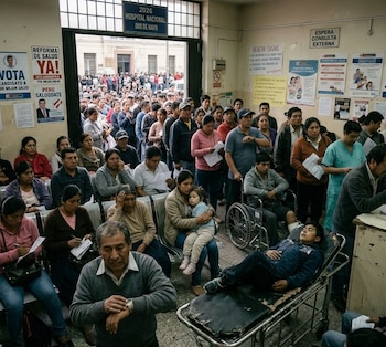 Sala de espera de un hospital muy concurrida. Numerosas personas esperan de pie y sentadas, incluyendo un niño en brazos y un paciente en camilla