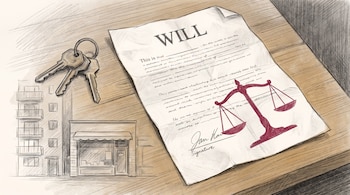 Un documento con la palabra Will y una balanza roja trazada sobre la firma, junto a llaves e ilustraciones de edificios sobre una mesa.