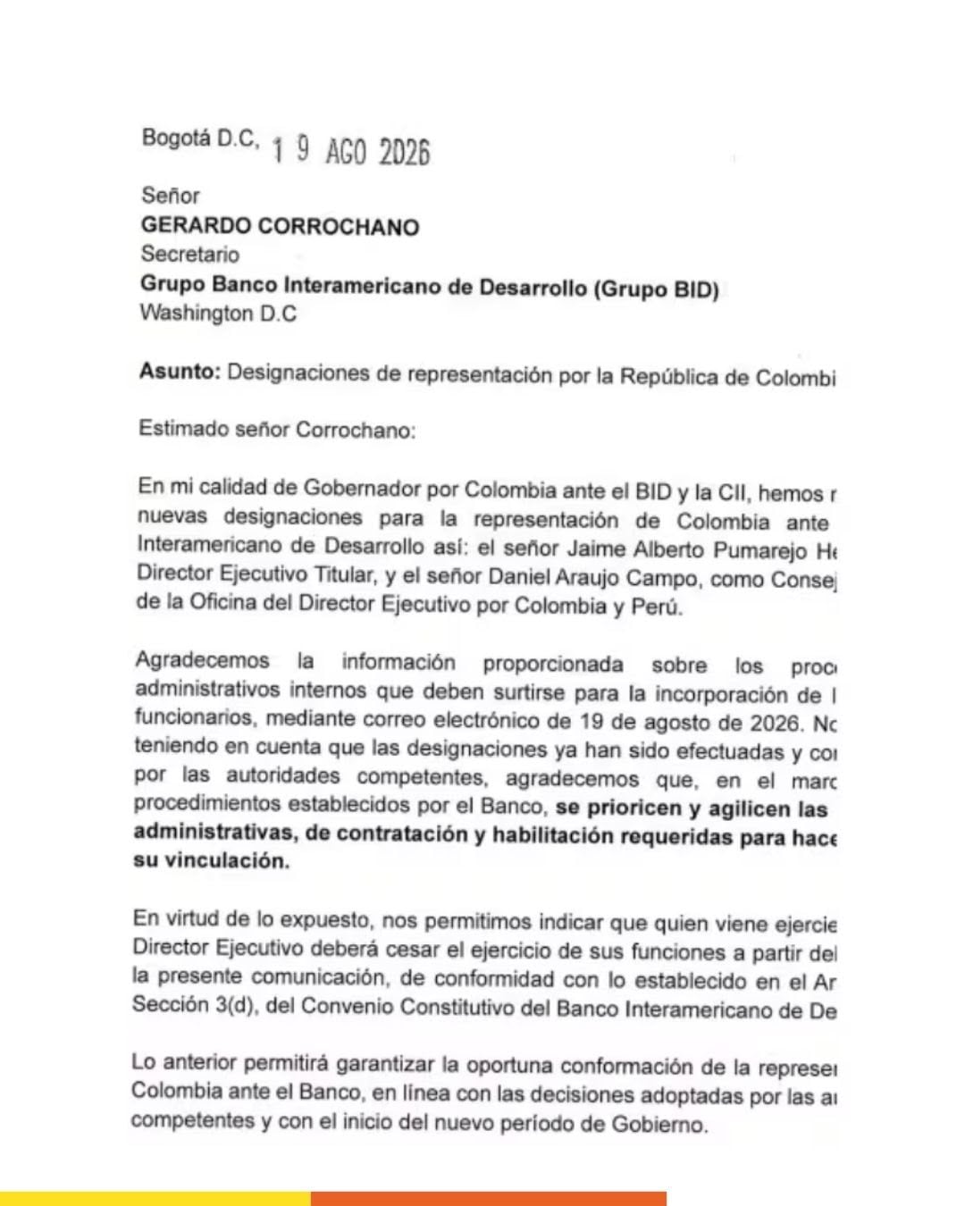 Comunicación del Ministerio de Hacienda solicitó el relevo de Roy Barreras Cortés ante el Banco Interamericano de Desarrollo - crédito @jpserna/X