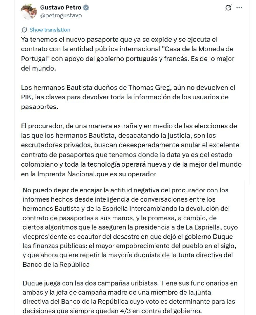 El presidente señaló aspectos del contrato de pasaportes y cuestionó la actuación de particulares y funcionarios en la entrega de información. - crédito @petrogustavo/X