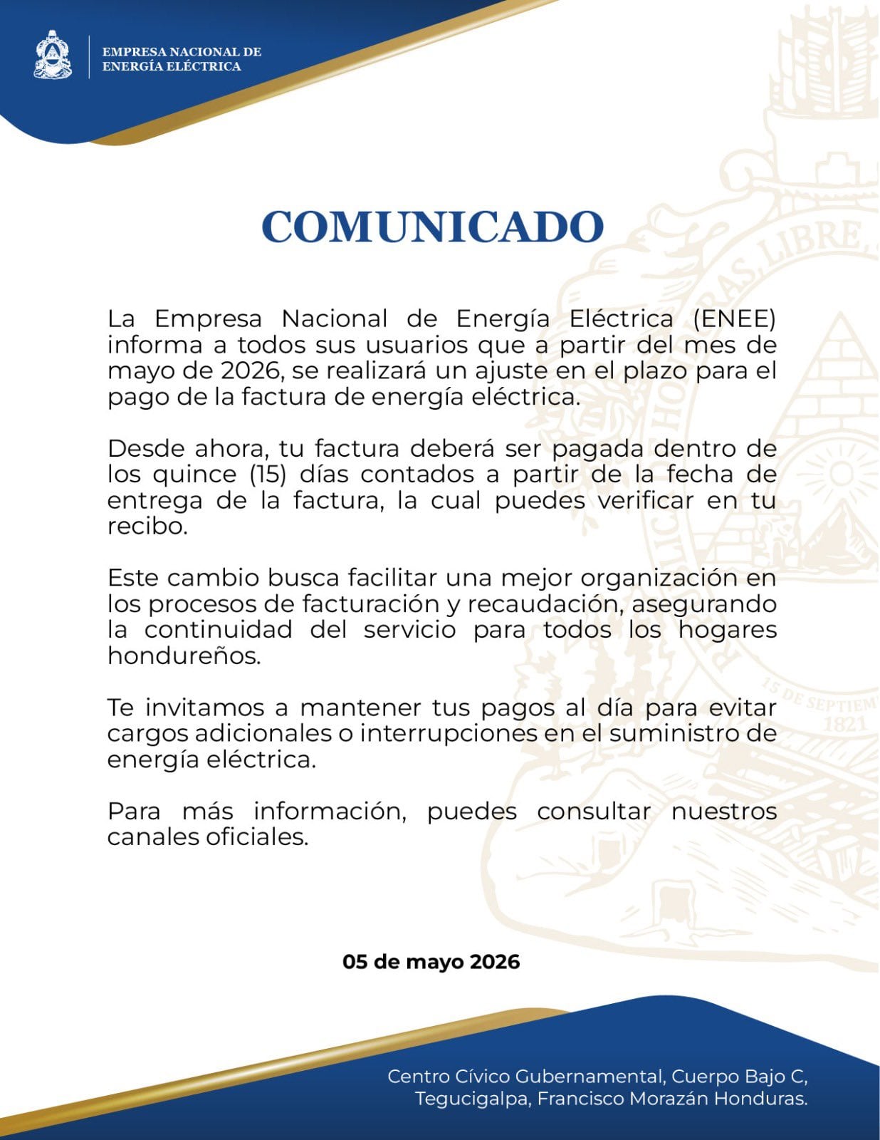Usuarios deberán revisar cuidadosamente la fecha de emisión de sus recibos tras el nuevo ajuste. (FOTO: ENEE)