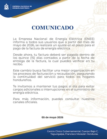 Usuarios deberán revisar cuidadosamente la fecha de emisión de sus recibos tras el nuevo ajuste. (FOTO: ENEE)