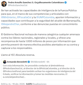 Pronunciamientos del ministro de Defensa y del Ministerio del Interior sobre la activación de medidas de seguridad e inteligencia del Estado. - crédito @PedroSanchezCol/X