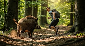 Un hombre con mochila azul corre por un sendero boscoso lejos de un jabalí grande y oscuro que levanta tierra a su paso en un día soleado.
