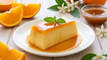 Pastel frío de naranja rectangular con sirope dorado y menta en plato blanco. Rodajas de naranja, flores blancas y un cuenco con sirope al fondo.