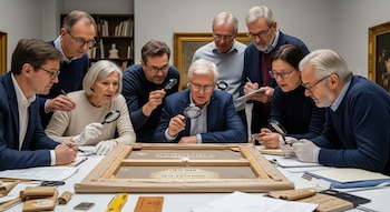 Ocho expertos en arte, con lupas y guantes, rodean una mesa examinando el reverso de una pintura antigua parcialmente cubierta con embalaje y etiquetas desgastadas.