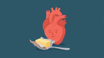 Ilustración de un corazón humano estilizado con rostro frente a un bloque de manteca amarilla envuelta sobre una cuchara. Fondo azul petróleo.