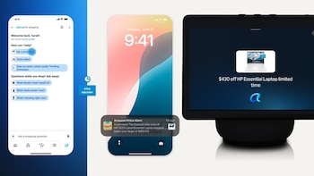 Una composición muestra una aplicación de compras en un teléfono móvil, una notificación de alerta de precio en otro teléfono y una oferta de laptop en una pantalla inteligente