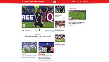 Página web del diario AS con titular "Mundial 2026" y "Messi quiere otro Mundial", resultado Inglaterra 1-2 Argentina, y otras noticias de fútbol con imágenes