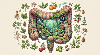 Ilustración del intestino humano con microorganismos y hongos en su interior, rodeado de raíces, hojas, frutos (naranjas, cerezas, aceitunas) y semillas diversas.