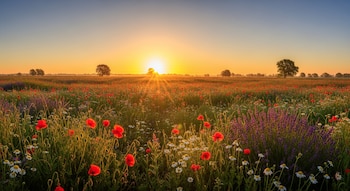 Un campo extenso con amapolas rojas, margaritas blancas y flores moradas. El sol brilla bajo un cielo claro, con árboles en el fondo lejano.