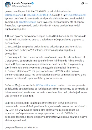 Sanguino afirmó que la petición de Colpensiones reconoce la pertinencia y la preparación técnica del nuevo sistema pensional - crédito @AntonioSanguino/X