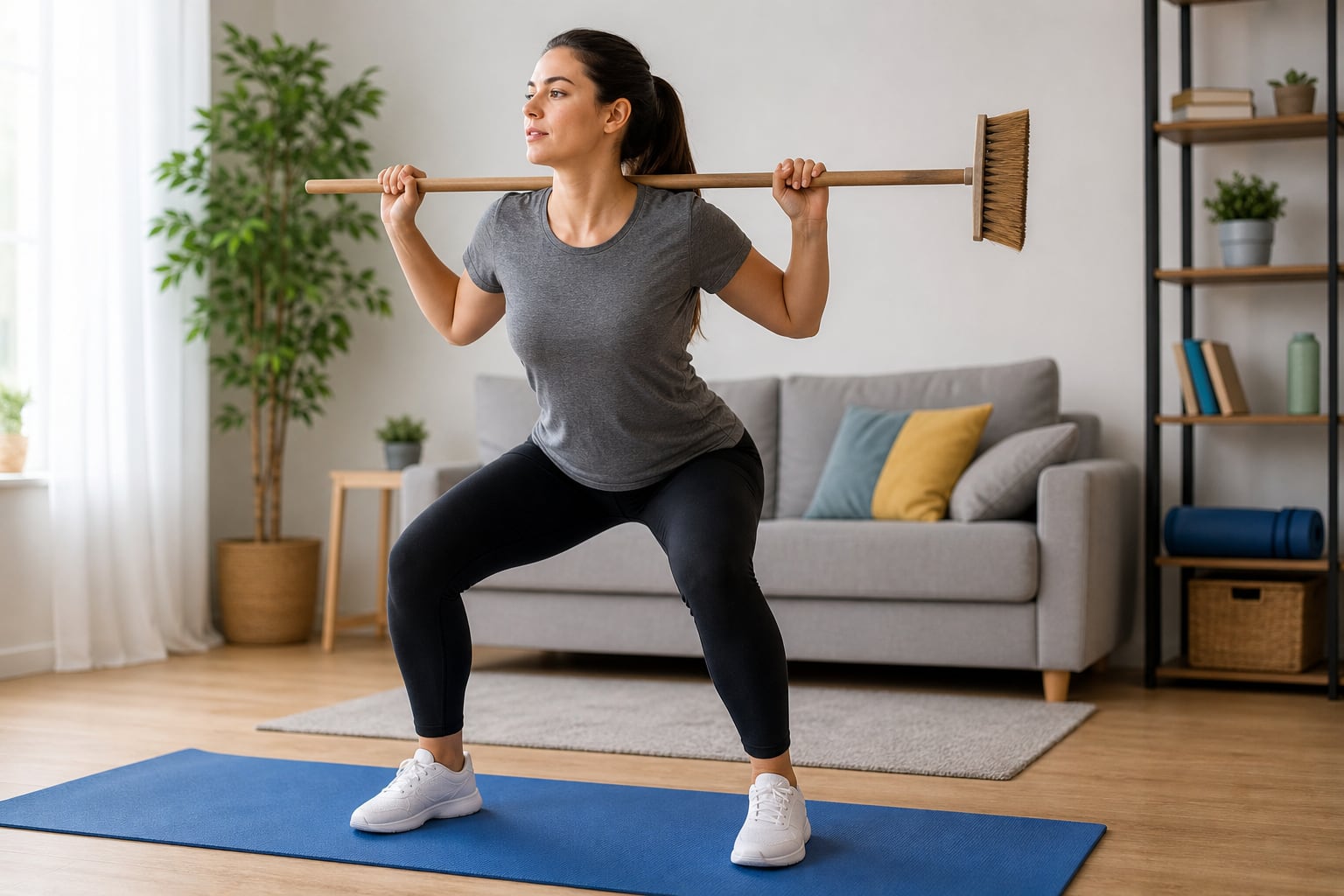 Una mujer practica sentadillas sobre una esterilla en su sala mientras sostiene un palo de escoba apoyado tras los hombros. (Imagen Ilustrativa Infobae)