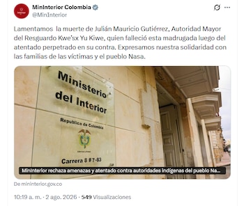 El Ministerio del Interior también alertó por una amenaza de muerte contra Jhon Anderson Ipia, del Consejo de Gobierno del Pueblo Nasa - crédito @MinInterior/X