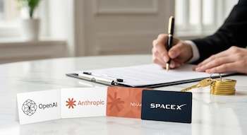 Mano firma documento con bolígrafo sobre mesa de mármol. Hay llaves doradas y tarjetas de OpenAI, Anthropic y SpaceX.