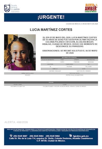 La niña Lucía Martínez Cortes de solo 3 años desapareció en la alcaldía Miguel Hidalgo en Ciudad de México.