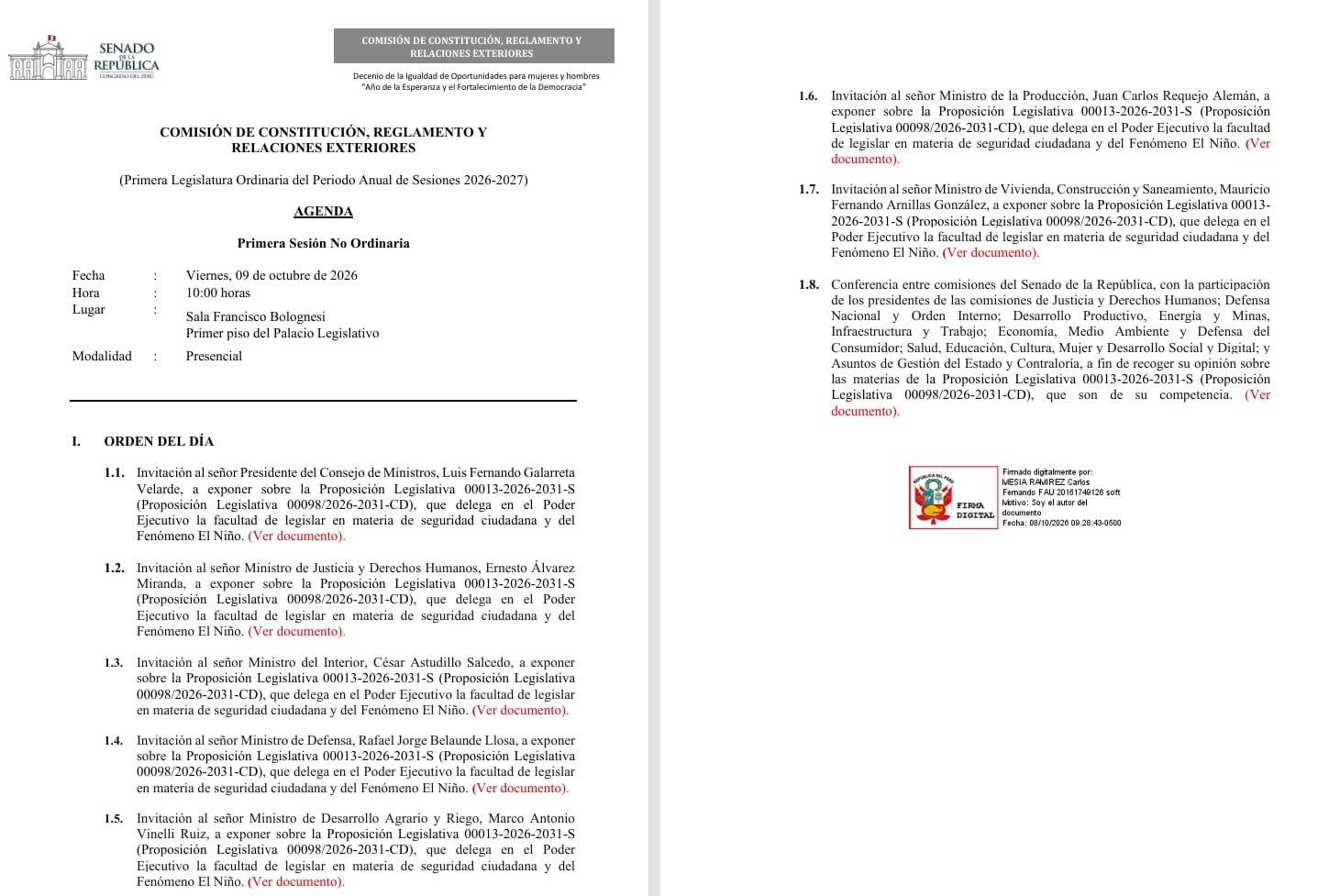 Un documento oficial de la Comisión de Constitución del Senado del Perú detalla la agenda de la sesión no ordinaria del 9 de octubre de 2026 sobre la delegación de facultades.