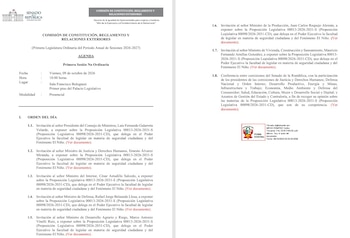 Documento en dos páginas con el membrete del Senado de la República del Perú que contiene la agenda de la primera sesión no ordinaria