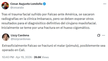 Las periodistas Lizzy Cardona y César Augusto Londoño informaron versiones preliminares sobre una posible fractura facial en Falcao, a la espera de confirmación oficial. - crédito X