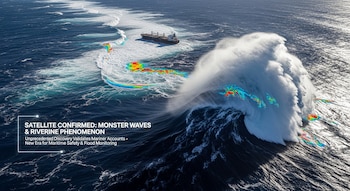Vista aérea del océano con una enorme ola rompiendo a la derecha y un barco de carga a la izquierda, ambos con patrones de color superpuestos que indican datos.