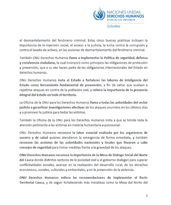 El pronunciamiento, divulgado el 29 de abril, reiteró la prohibición expresa sobre los ataques indiscriminados y dirigidos contra la población y sus bienes, así como contra la misión médica - crédito @ONUHumanRights/X