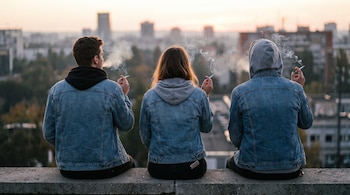 Tres jóvenes de espaldas, dos hombres y una mujer, sentados en un muro de concreto fumando cigarrillos, con una ciudad al fondo bajo un cielo claro.