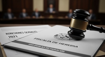 Un mazo de juez descansa sobre documentos que dicen 'Fiscalía de Heredia' y 'Agresiones Sexuales 2021' en una sala de tribunal con personas borrosas de fondo.
