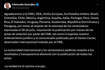Pronunciamiento de Edmundo González sobre los países que pidieron que se hicieran públicos los escrutinios - crédito @EdmundoGU/X